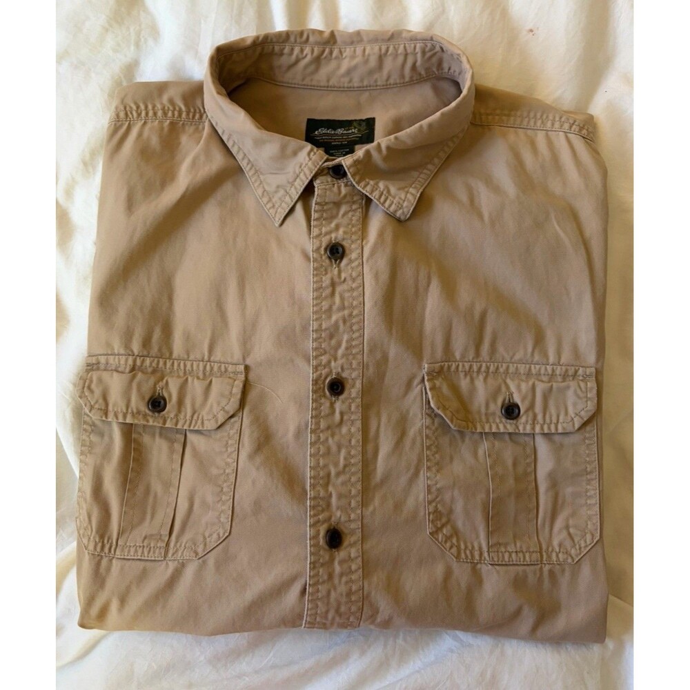 Vintage Eddie Bauer 100% Heavy Weight Cotton Field Utility Shirt Y2K Tan XXL